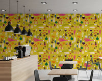 Pantry area featuring retro kitchen wallpaper with carrots and pears