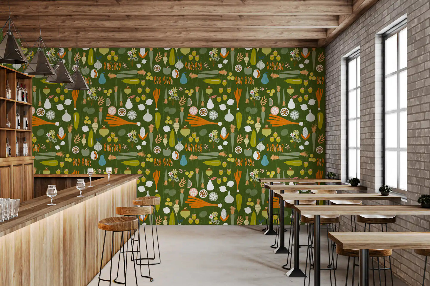 Olive green wallpaper with carrots, lemons, berries, and root vegetables