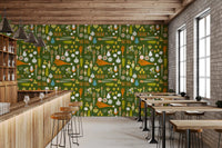 Olive green wallpaper with carrots, lemons, berries, and root vegetables
