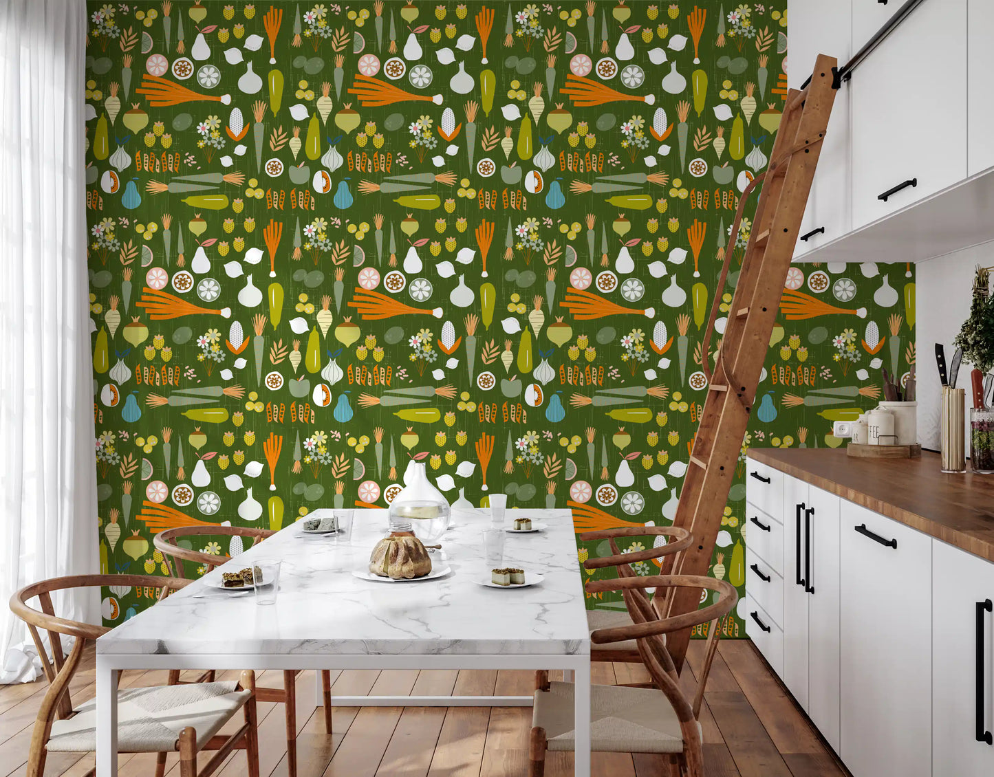 Dining nook with olive vegetable wallpaper on a textured green ground
