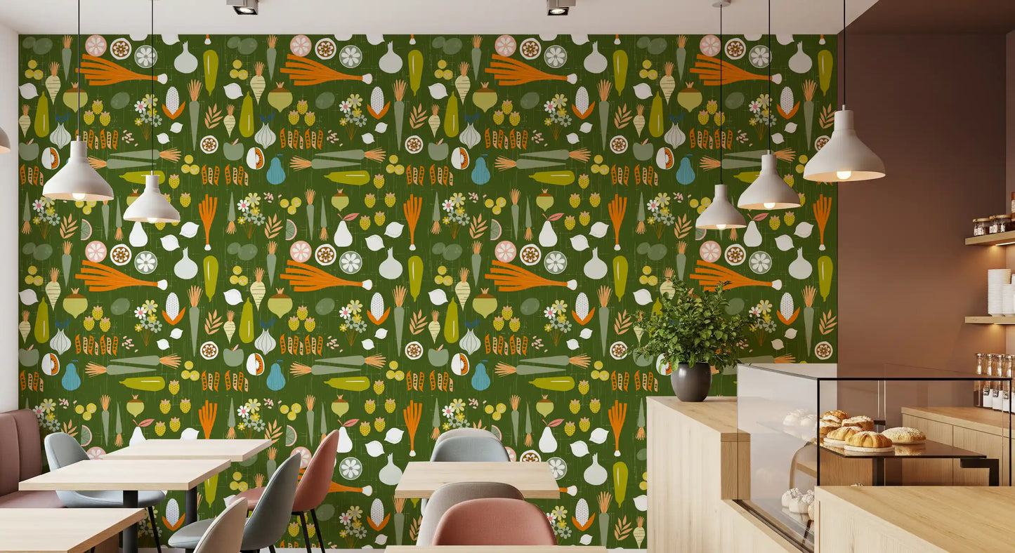 Kitchen wallpaper with illustrated produce on an earthy olive backdrop