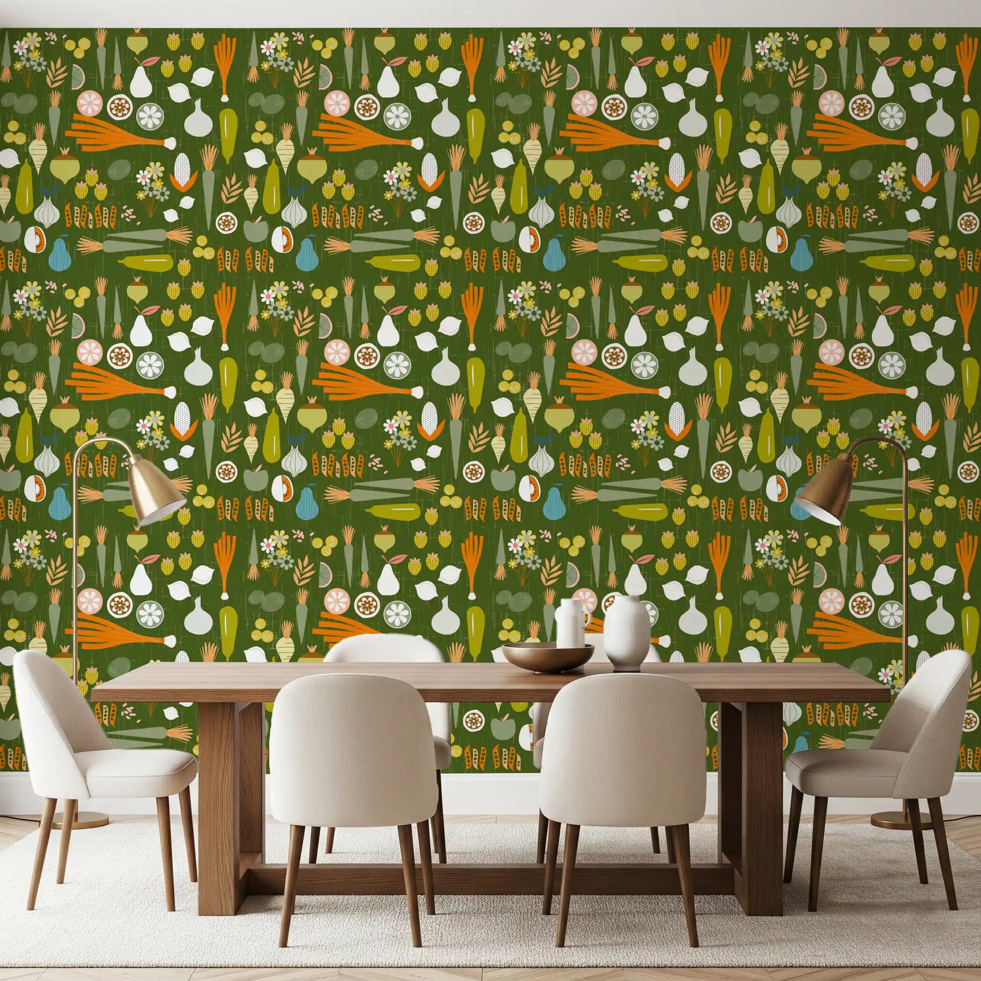 Dining area in retro kitchen wallpaper with carrots, pears, and onions