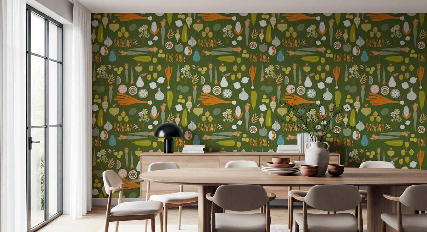 Vegetable pattern wallpaper with garden crops in a mid-century layout