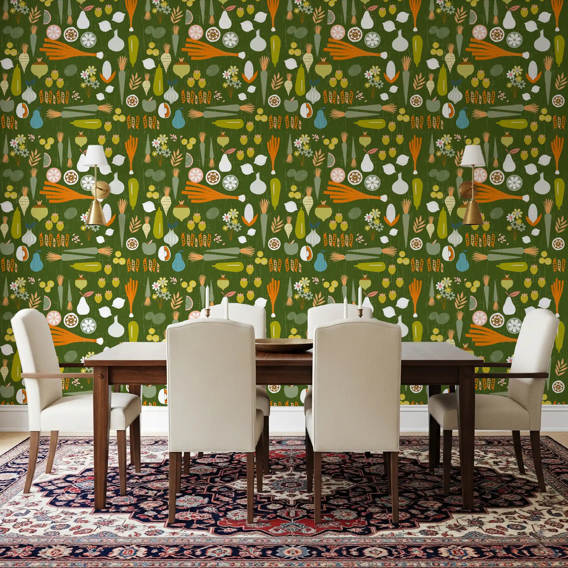 Retro vegetable wallpaper featuring pears, onions, herbs, and flowers