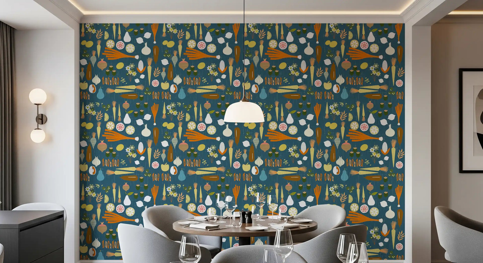 Breakfast space with Vegetable Kitchen Wallpaper and colourful food art
