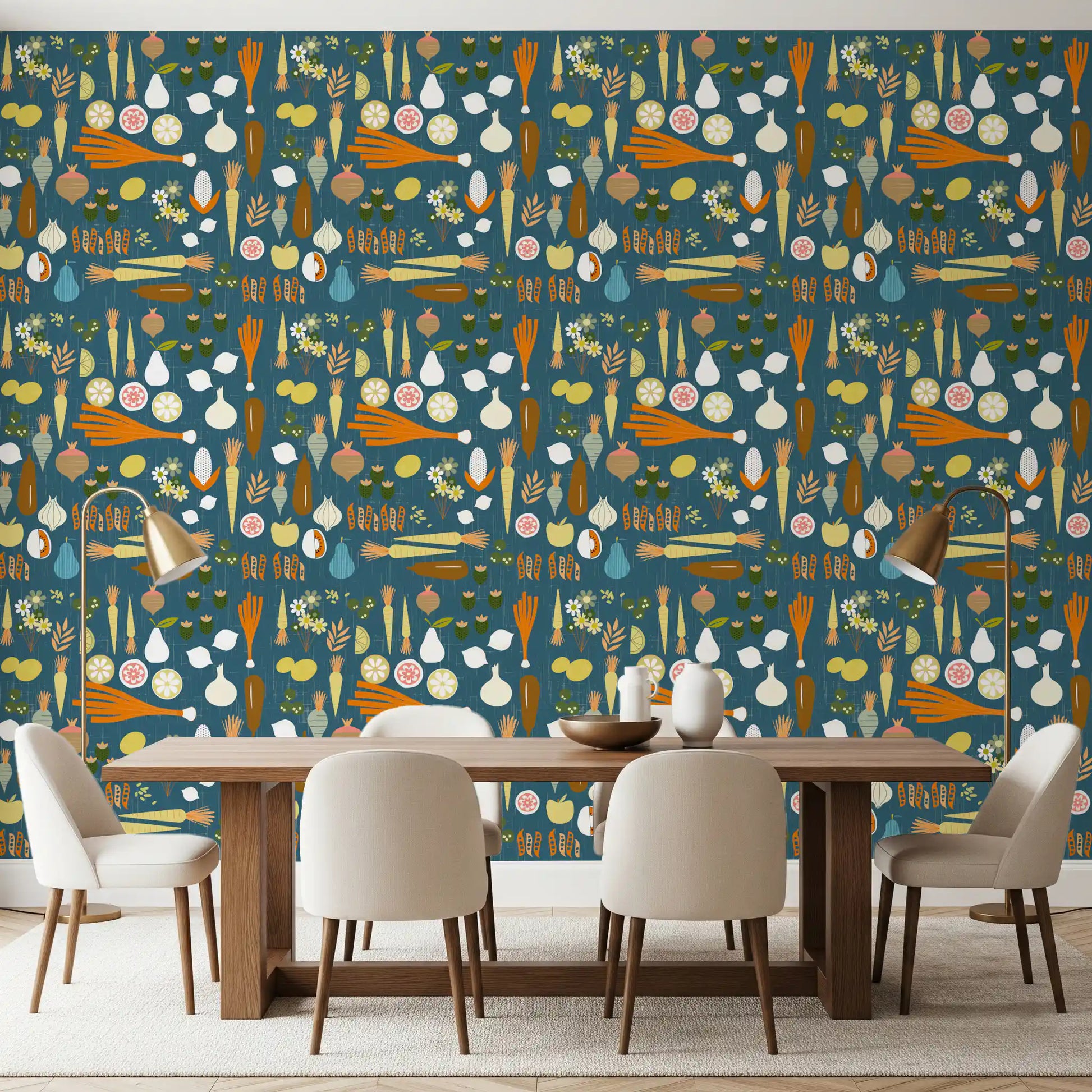 Vegetable Pattern Wallpaper showing bright roots, herbs, and floral details