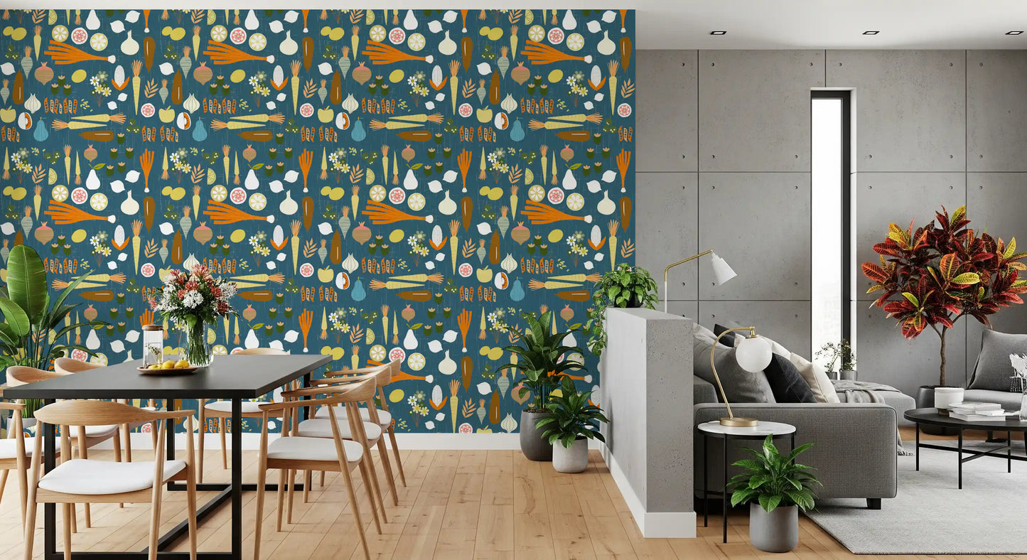 Teal Produce Wallpaper with onions, herbs, pears, and orange carrot art