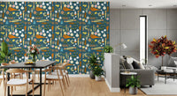 Teal Produce Wallpaper with onions, herbs, pears, and orange carrot art