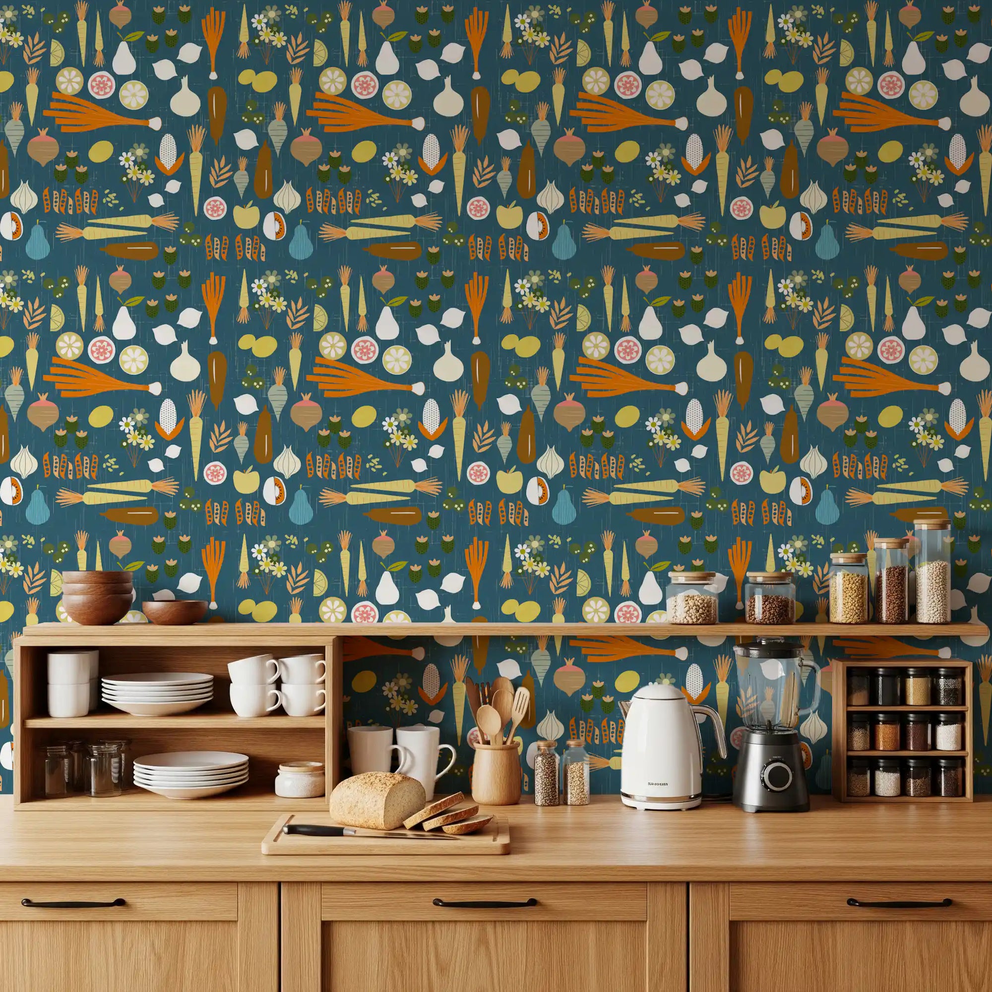 Kitchen with Retro Teal Kitchen Wallpaper and illustrated vegetable shapes