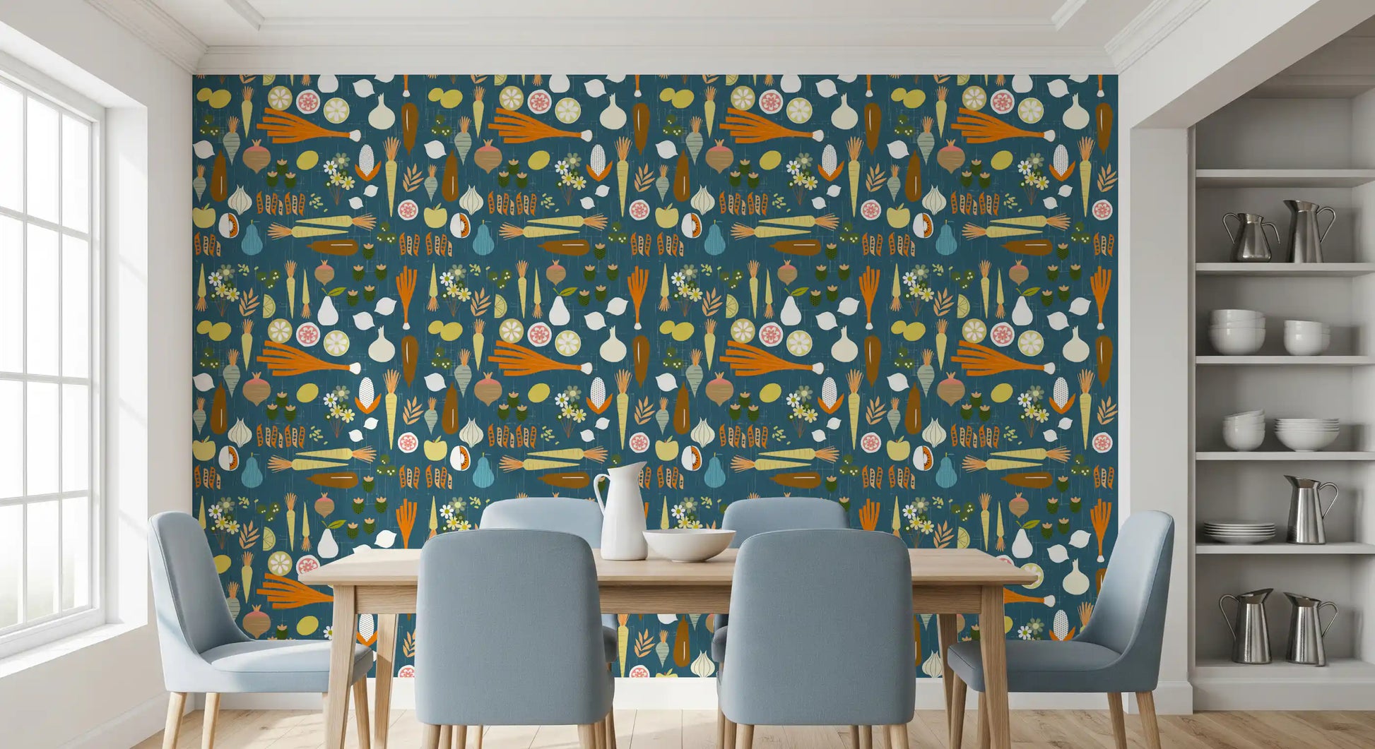 Kitchen Wallpaper with retro vegetables, fruit slices, and teal texture