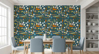 Kitchen Wallpaper with retro vegetables, fruit slices, and teal texture