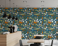 Cafe-style area showing Retro Food Wallpaper with garden crop motifs