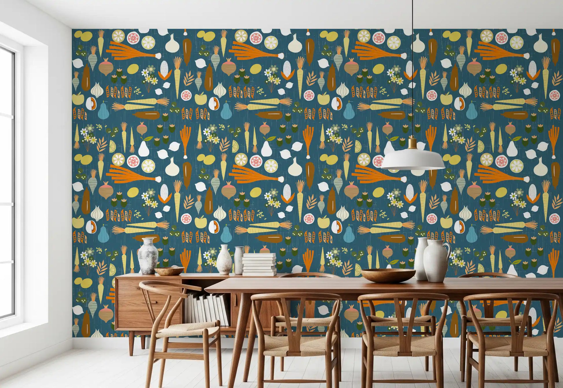 Dining zone using Produce Print Wallpaper with teal retro kitchen styling