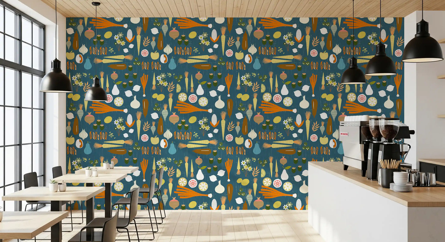 Pantry wall featuring Teal Vegetable Wallpaper with lemons and carrots