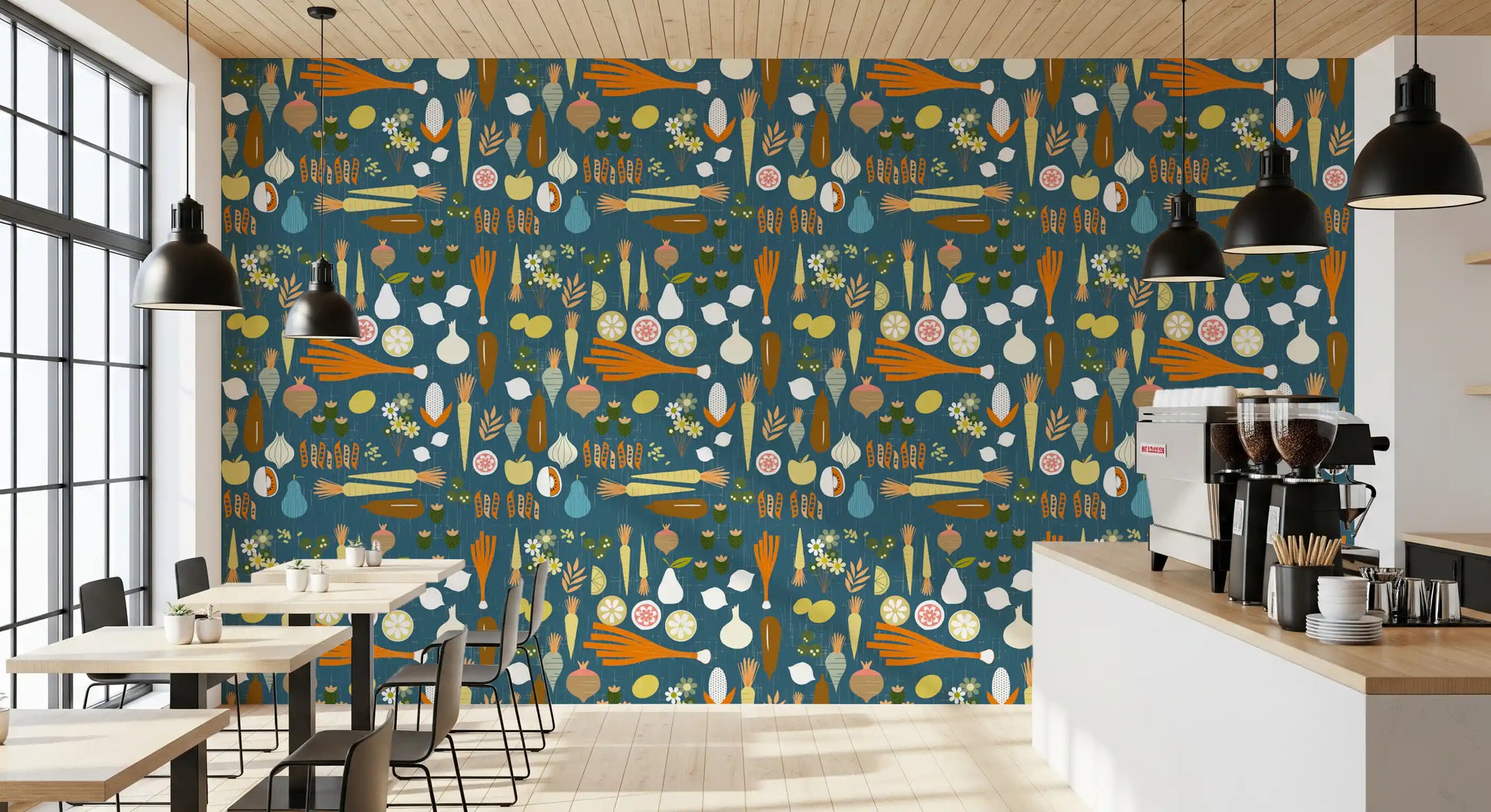 Pantry wall featuring Teal Vegetable Wallpaper with lemons and carrots