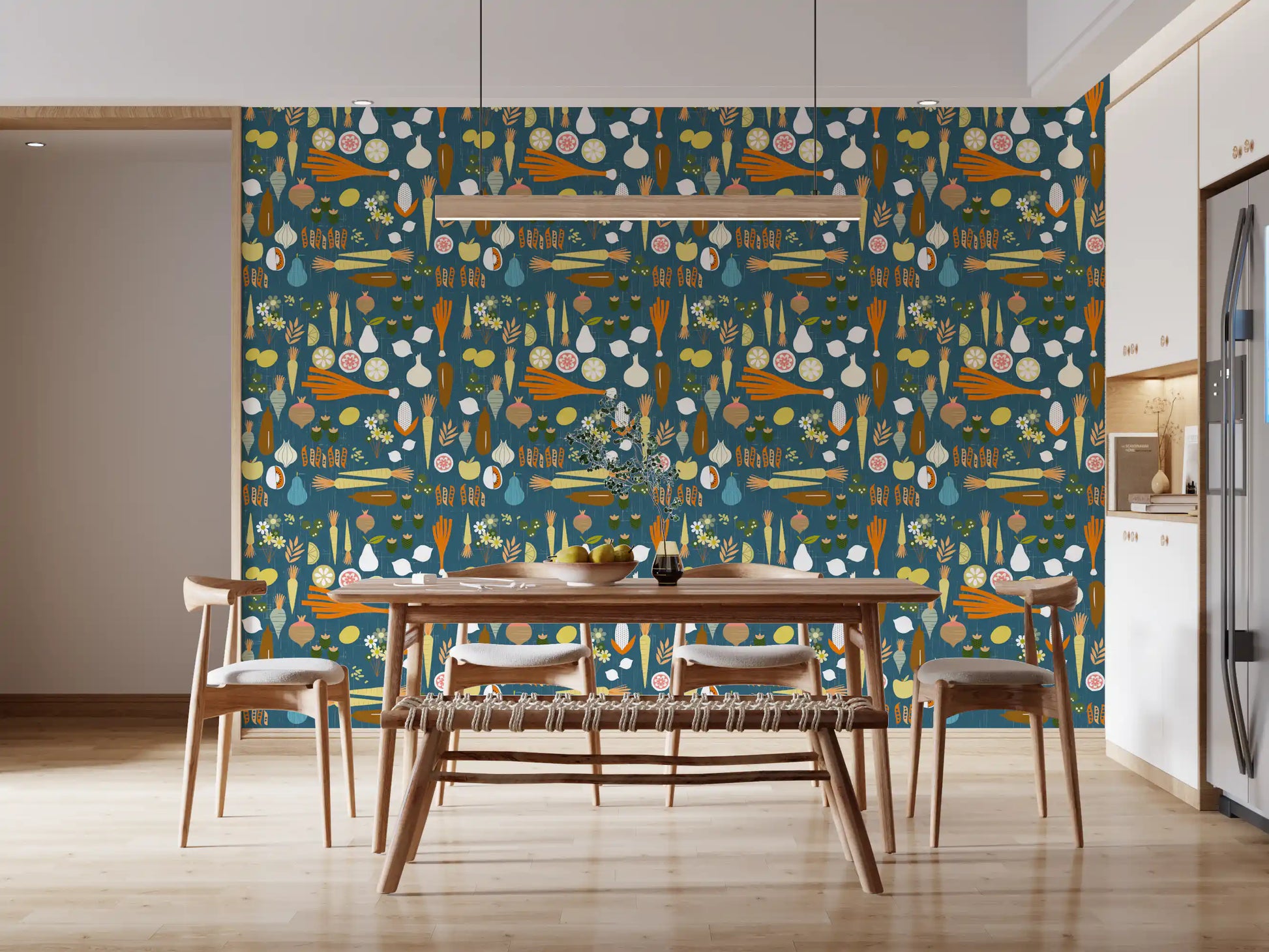 Teal Retro Wallpaper with playful lemons, carrots, and leafy accents