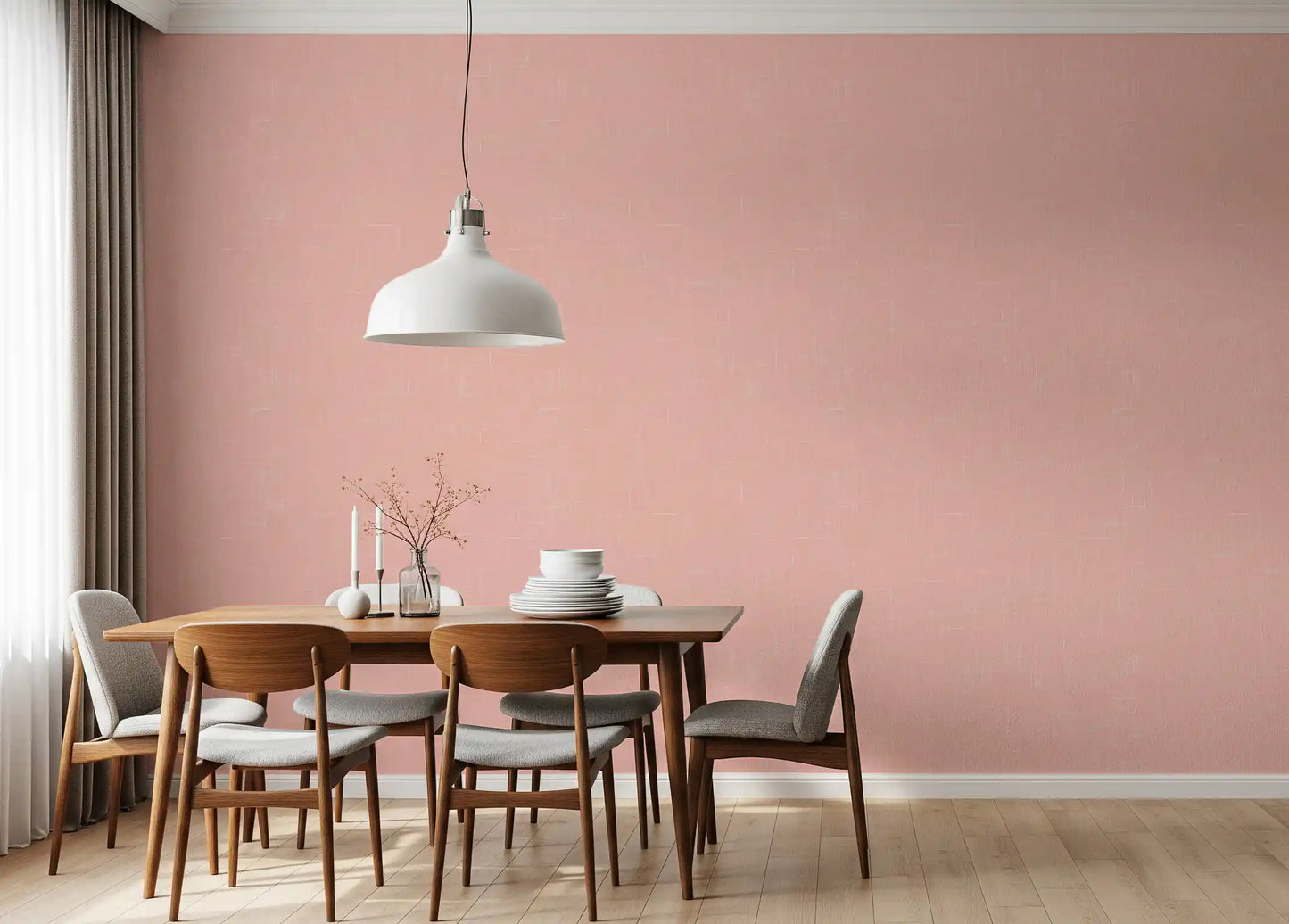 Linen weave wallpaper in blush pink on a modern kitchen accent wall
