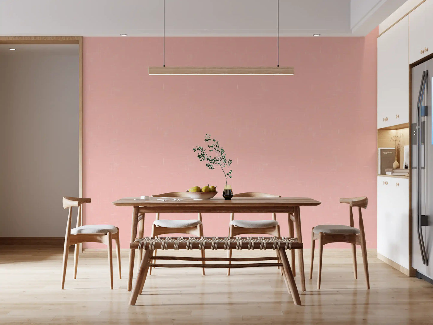 Blush pink mid century wallpaper on dining feature wall
