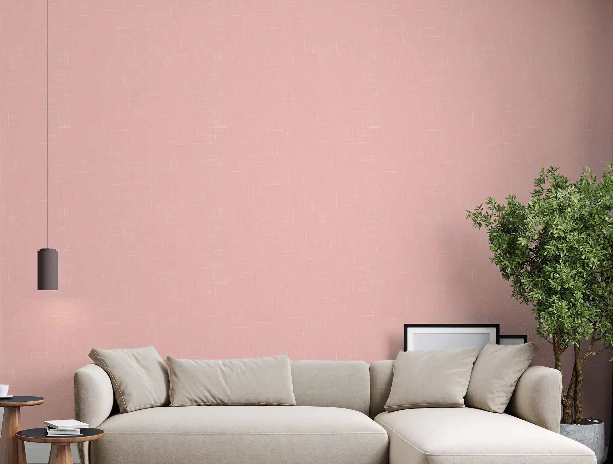 Blush pink linen texture wallpaper on a living room feature wall