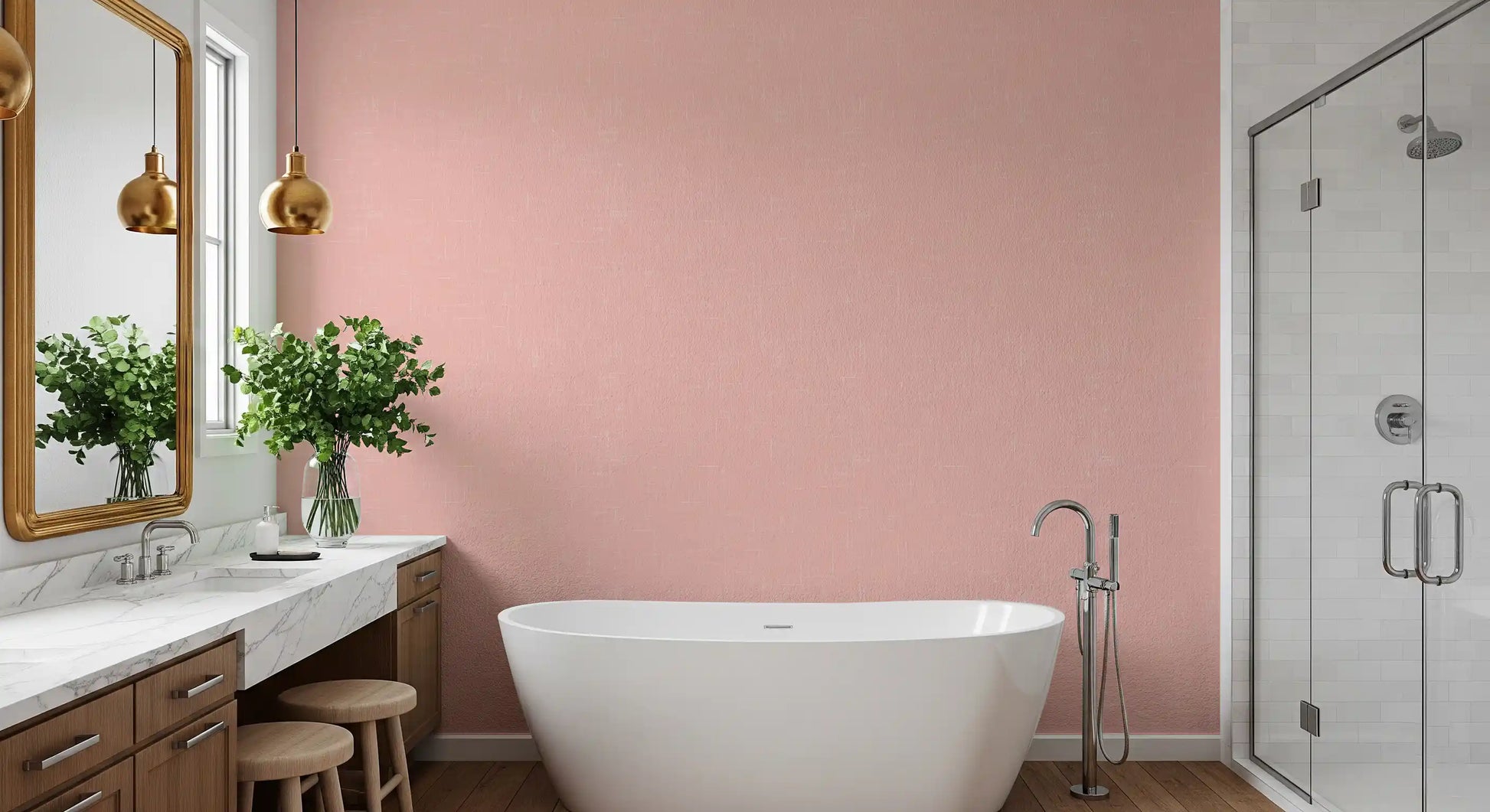 Blush pink textured wallpaper in a bright bathroom
