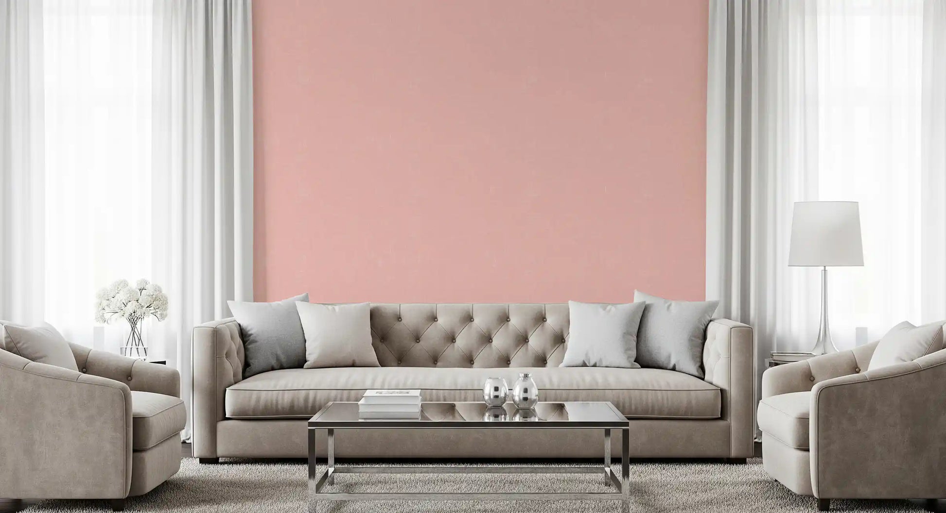 Soft blush textured wallpaper in a Scandinavian style living room
