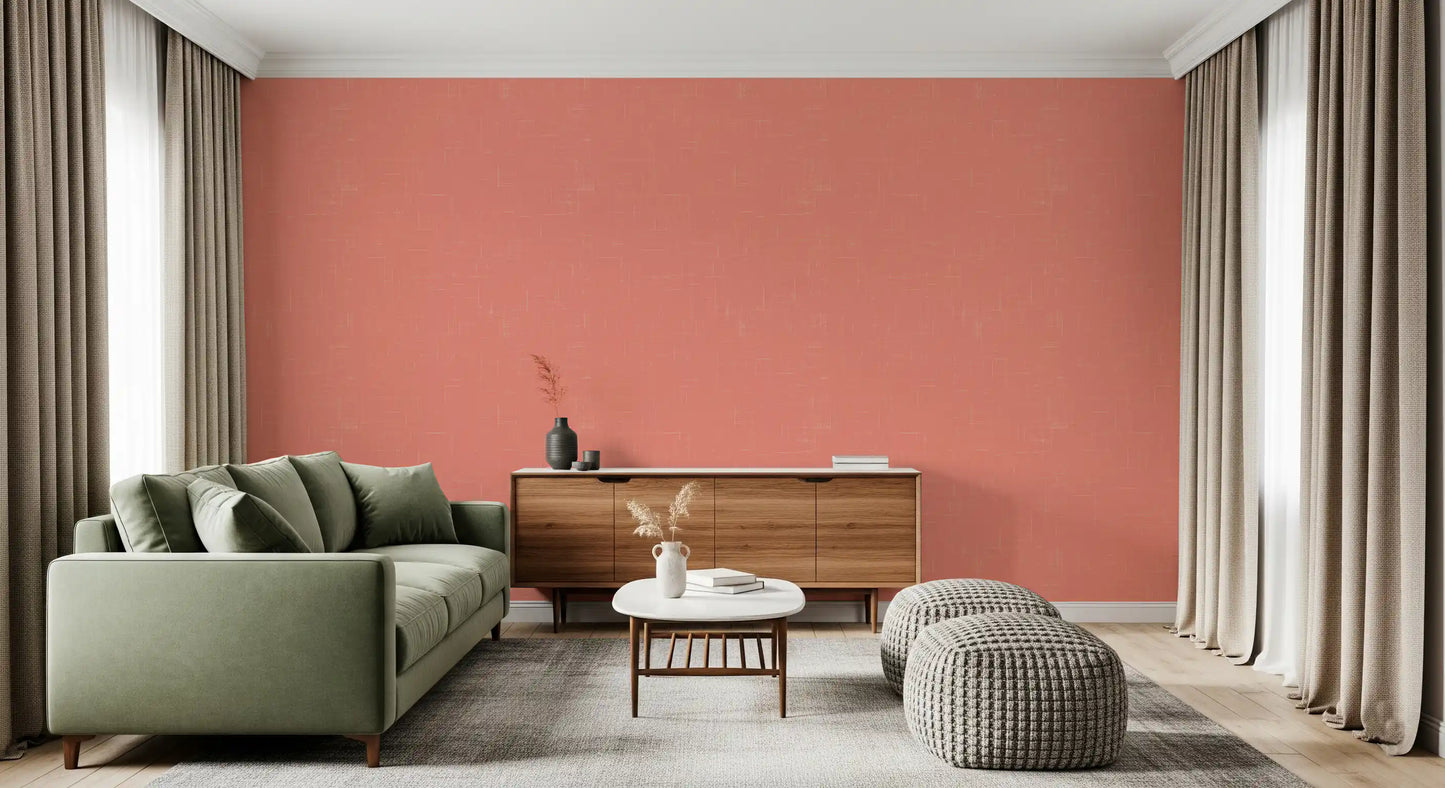 Coral mid century wallpaper on hallway feature wall
