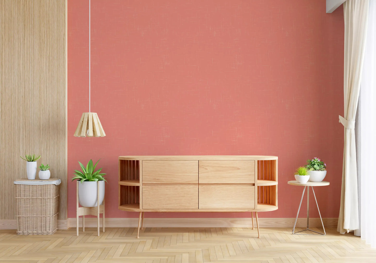 Soft coral linen pattern wallpaper covering a full home office wall