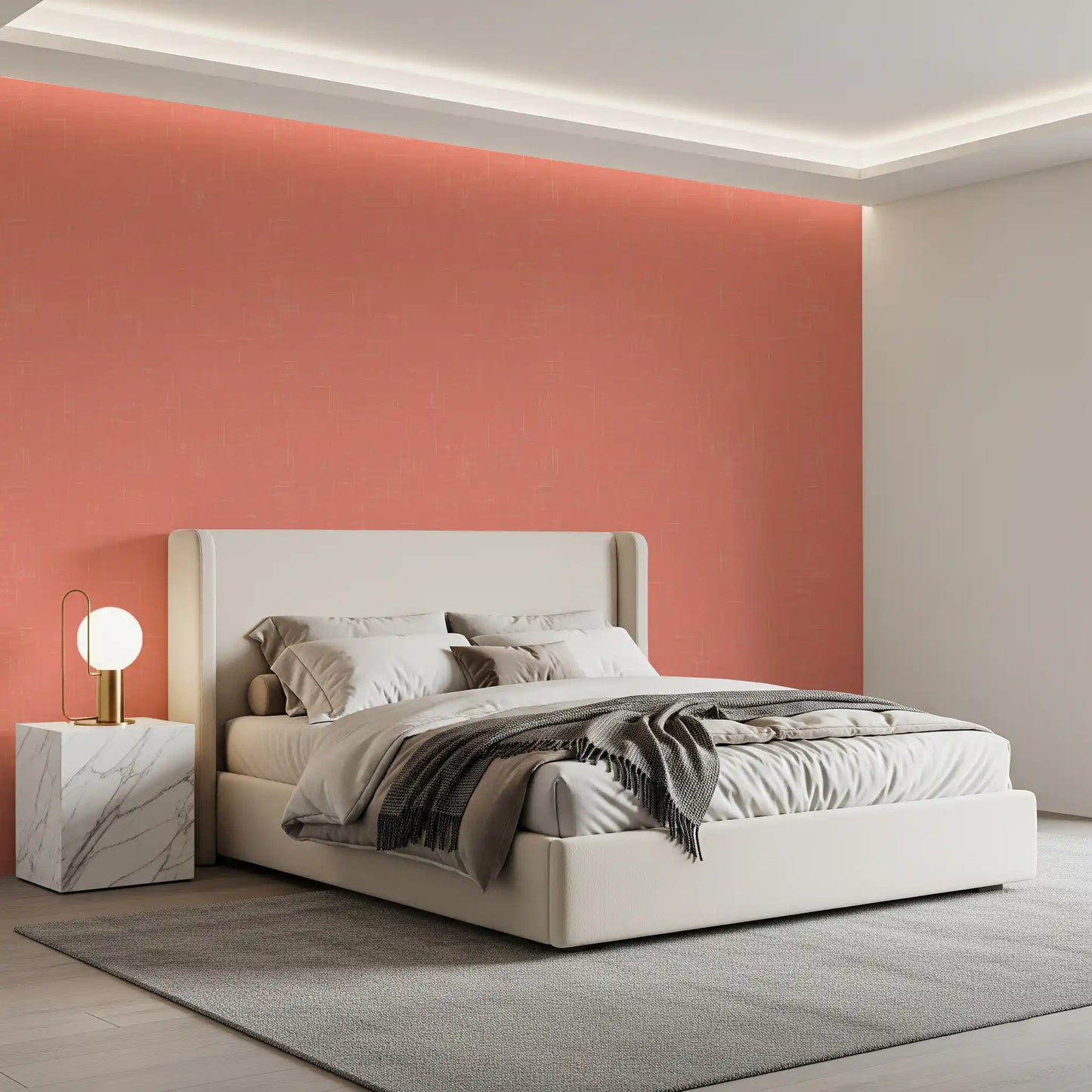 Coral repeat pattern wallpaper on a bedroom wall