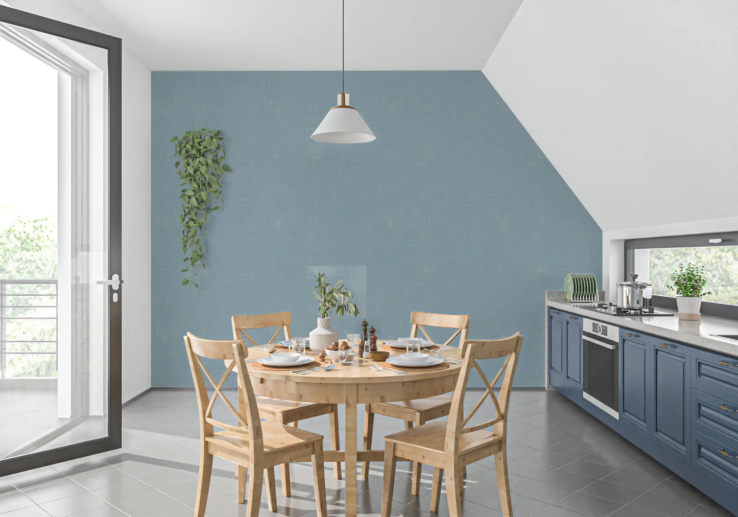 Støvet Blå Linnedstruktur Tapet Mid Century Modern Tapet