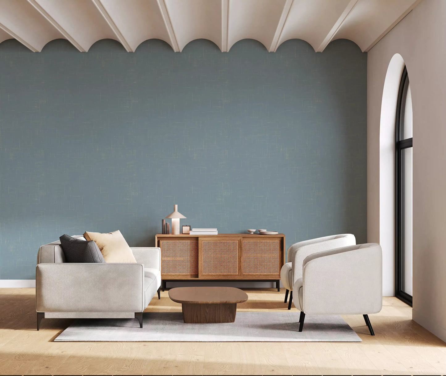 Støvet Blå Linnedstruktur Tapet Mid Century Modern Tapet
