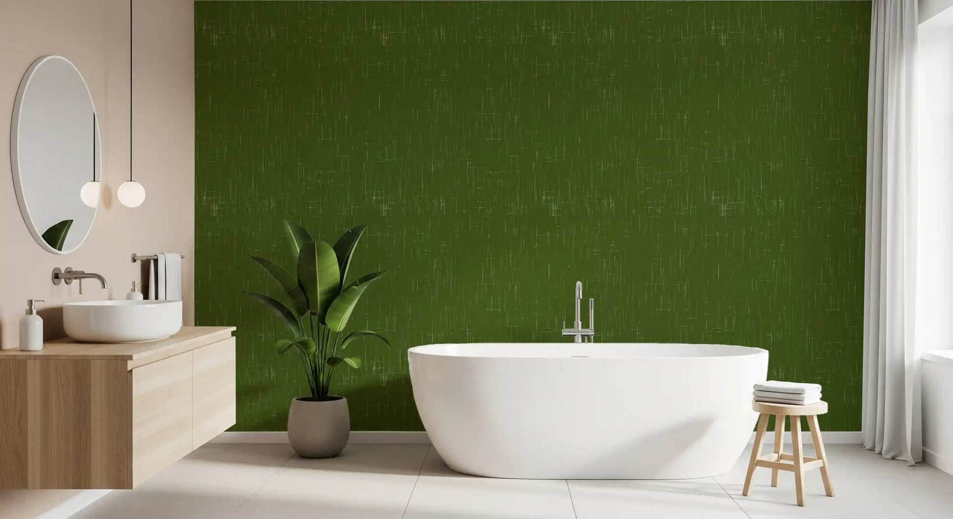 Olive wallcovering with a fabric-like finish and calm textured movement