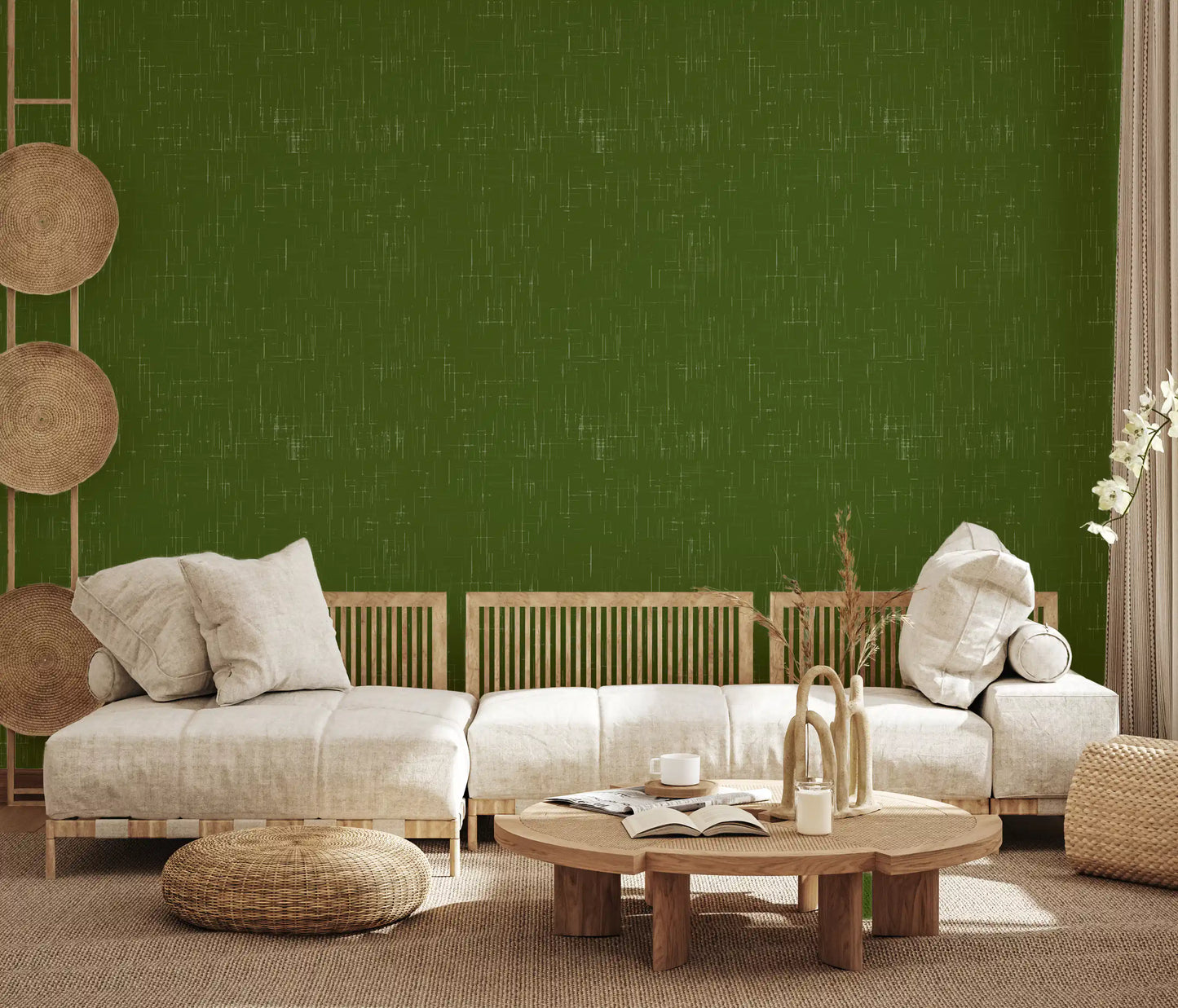Olive feature wallpaper with understated linework and woven depth