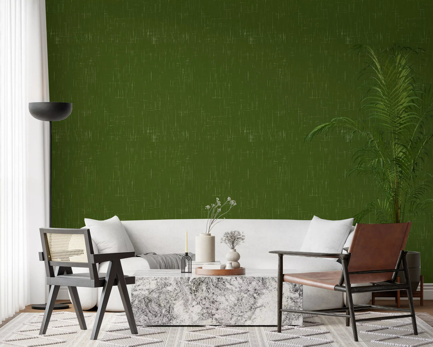 Study room using olive surface wallpaper and subtle tonal texture