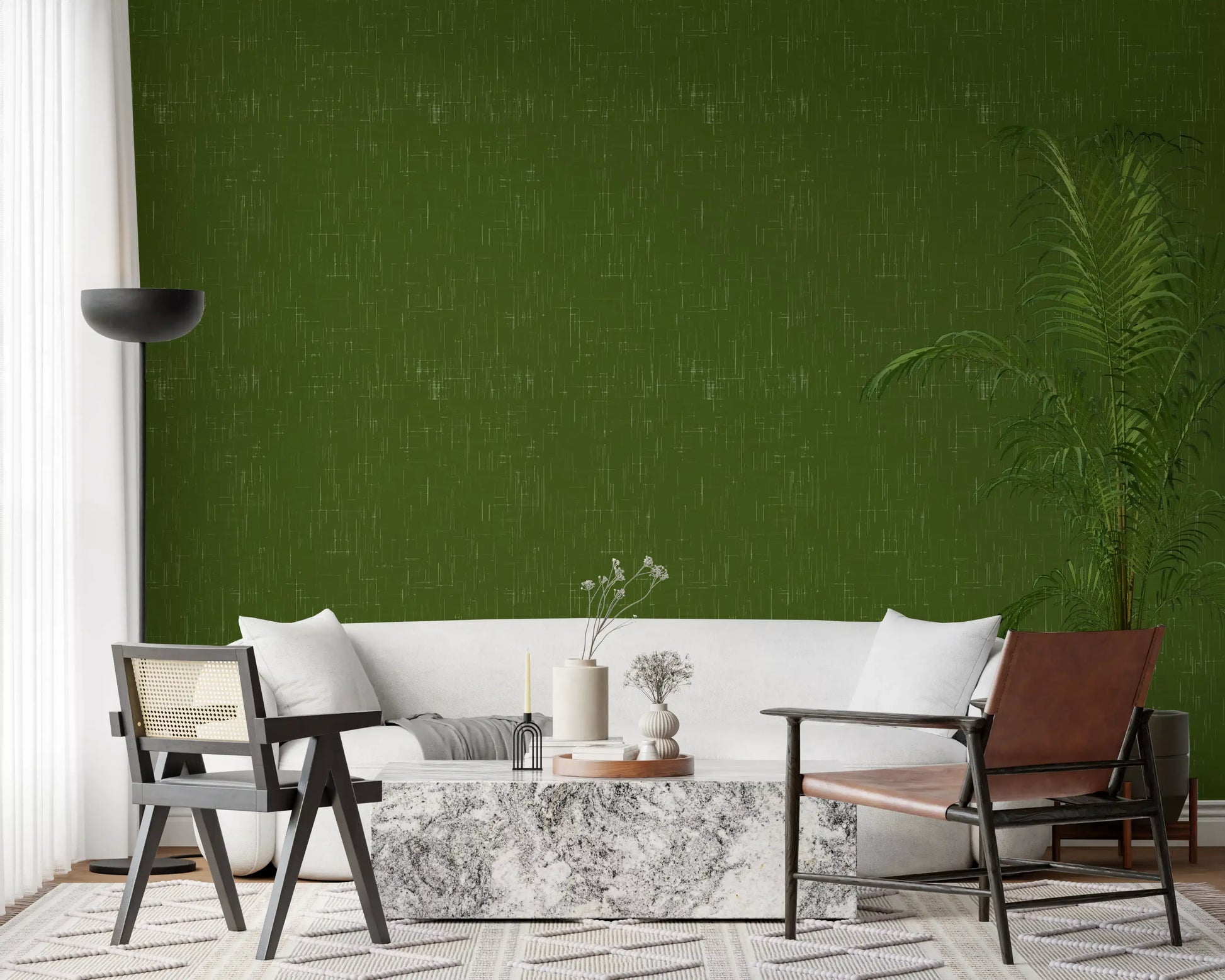 Study room using olive surface wallpaper and subtle tonal texture