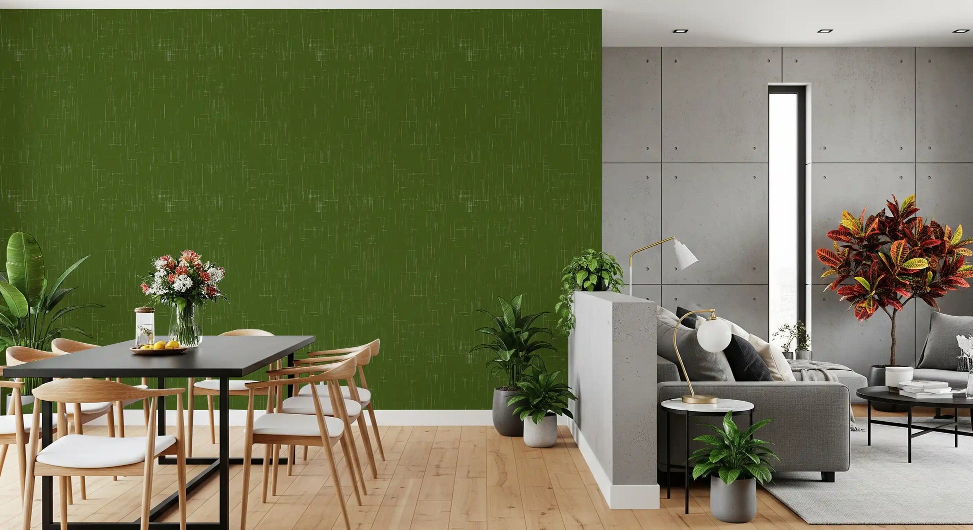 Dining room styled in green wallpaper with a soft linen-inspired finish