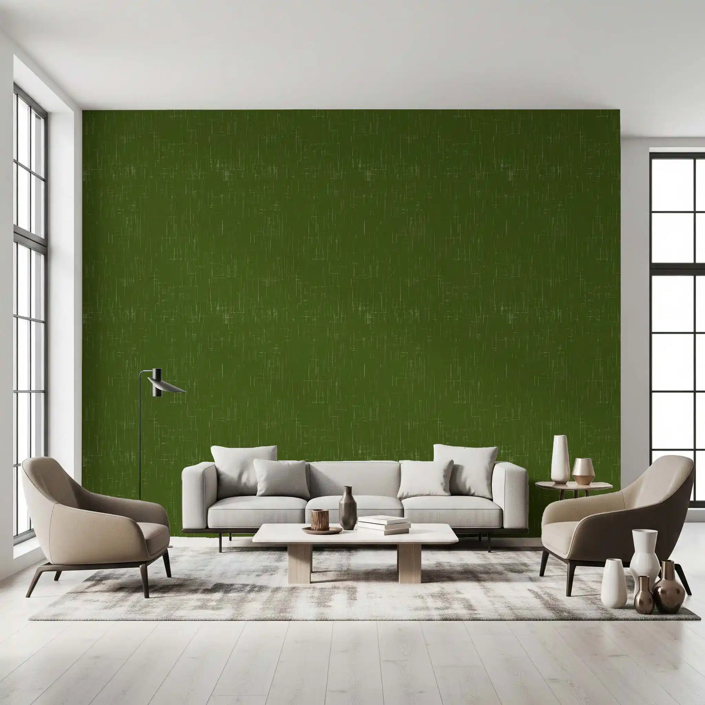Earth-toned green wallcovering with fine grain and vintage-modern influence