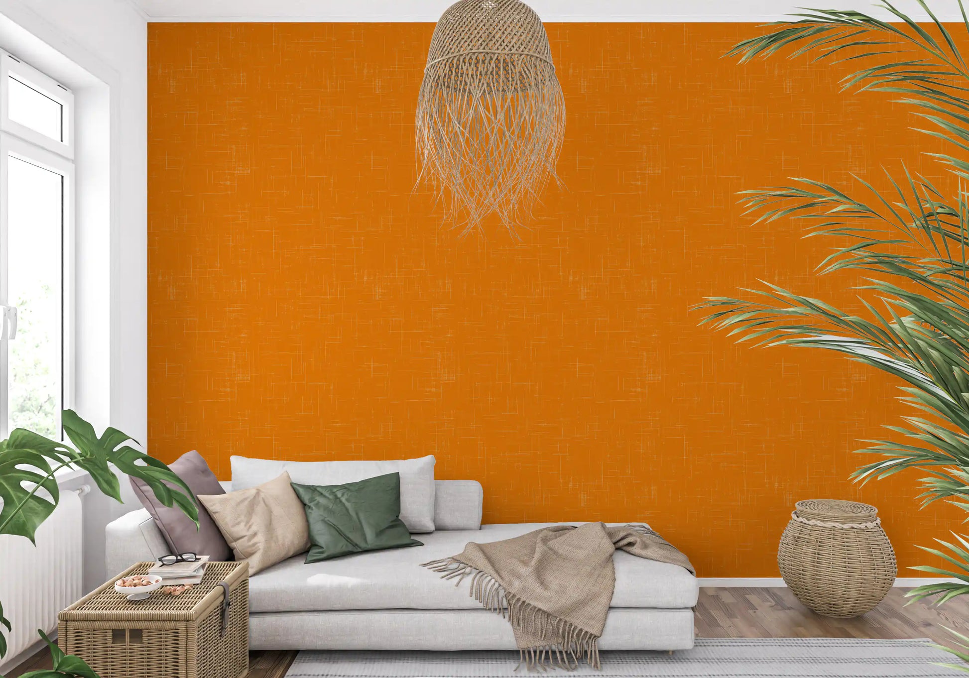 Hallway featuring orange surface wallpaper with woven-style detailing