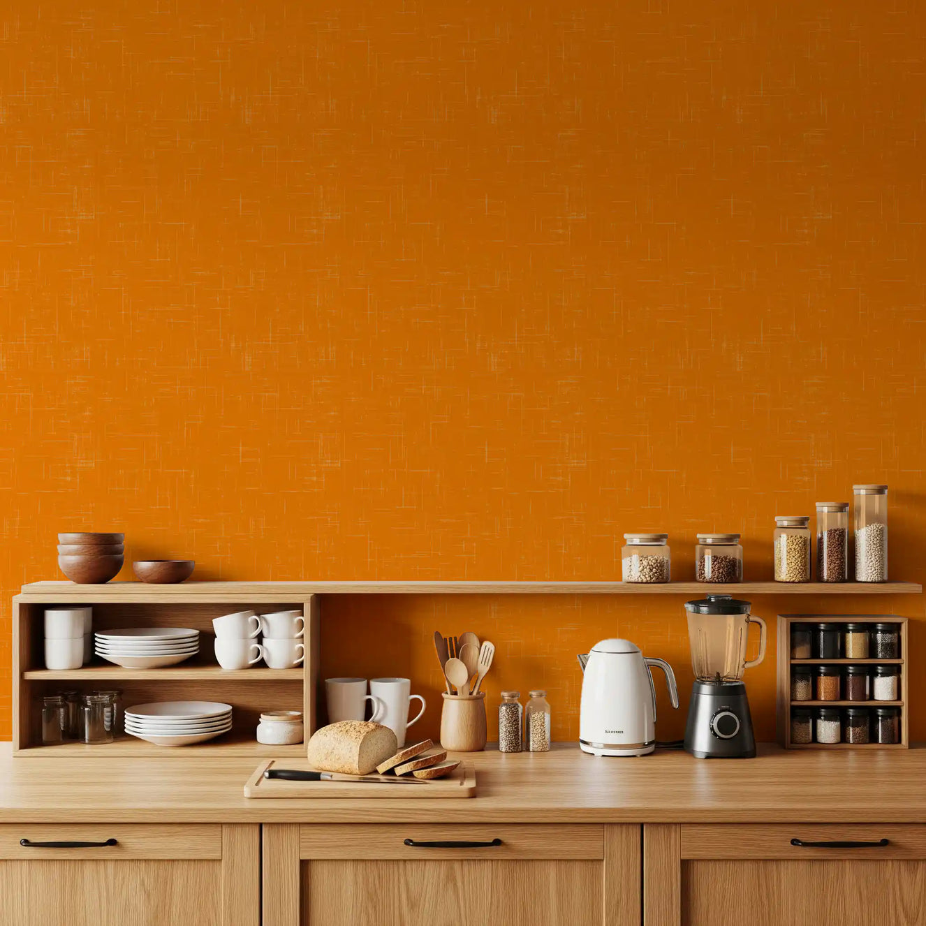 Kitchen area with burnt orange wallpaper and a soft linen surface pattern