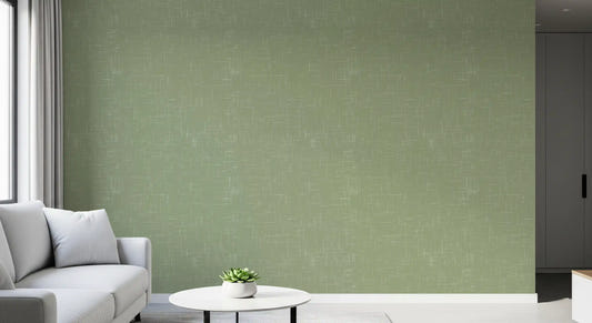 Living room with Sage Green Line Wallpaper and soft linen texture
