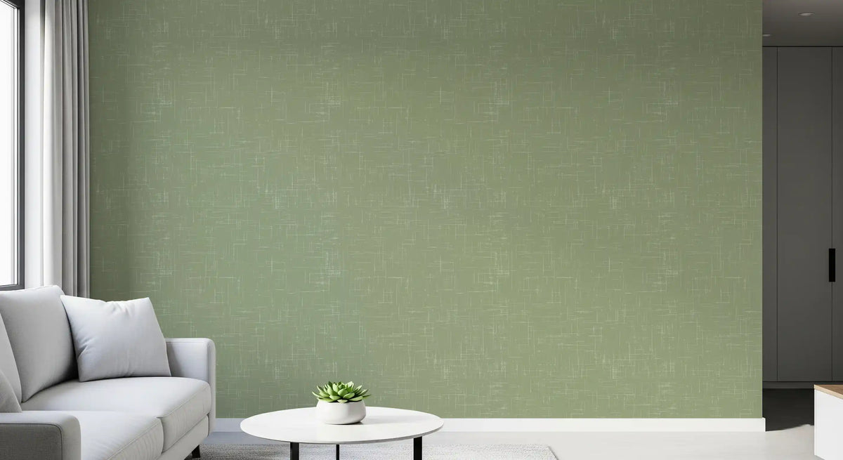 Living room with Sage Green Line Wallpaper and soft linen texture