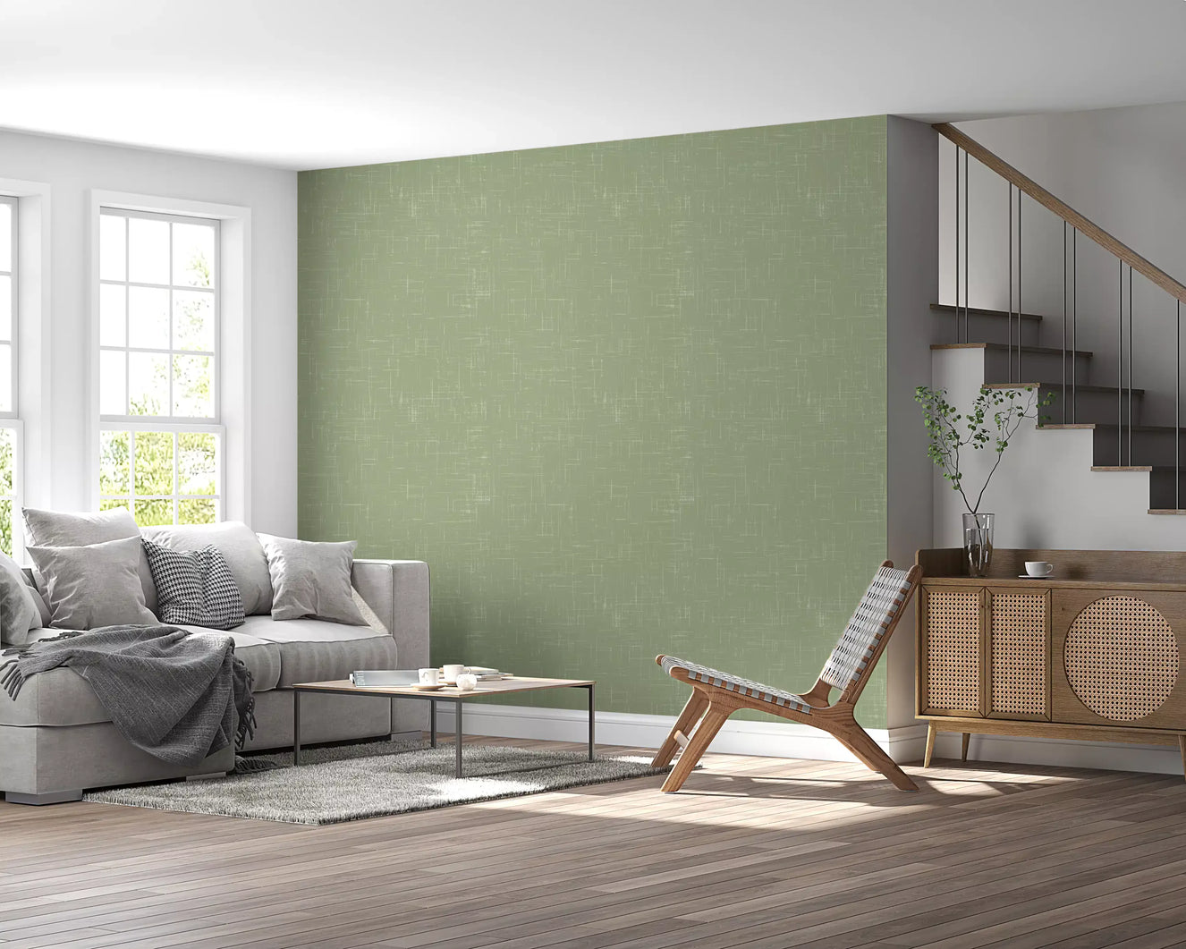 Carta da parati in lino verde salvia con texture, carta da parati modernista metà secolo