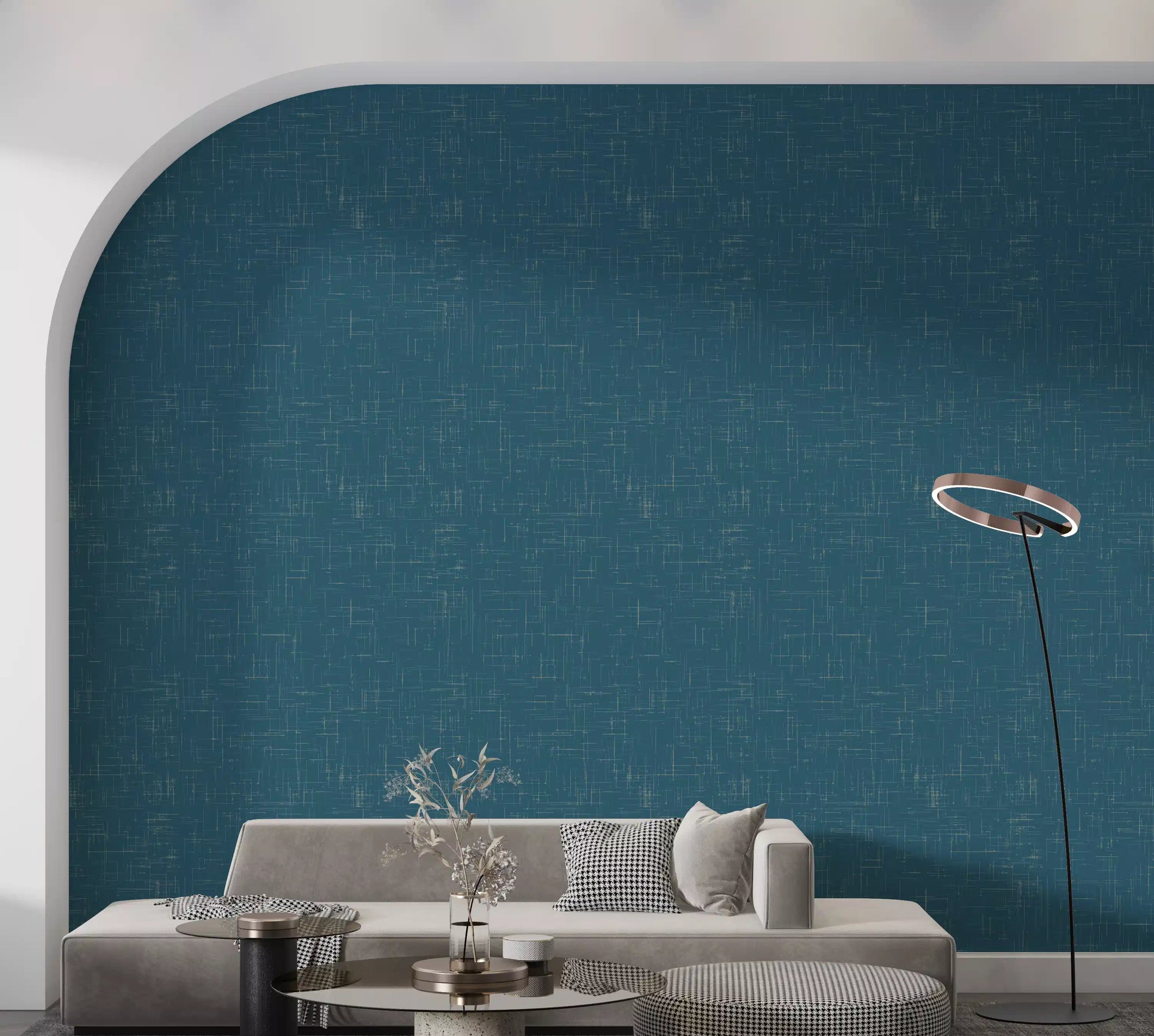 Living room using Linen Texture Wallpaper in a teal mid century finish