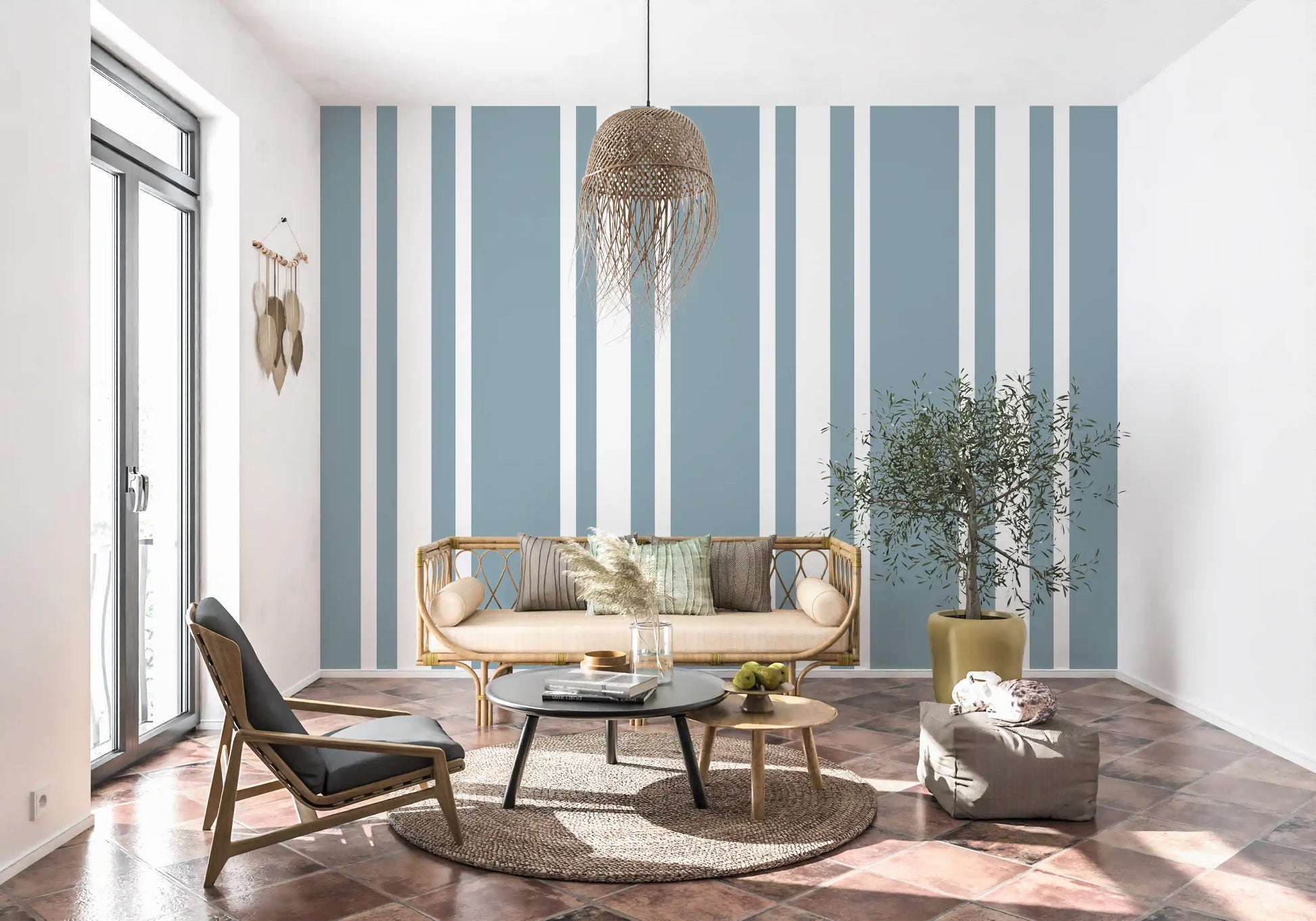 Ticking Stripe Wallpaper in muted blue grey with a relaxed finish