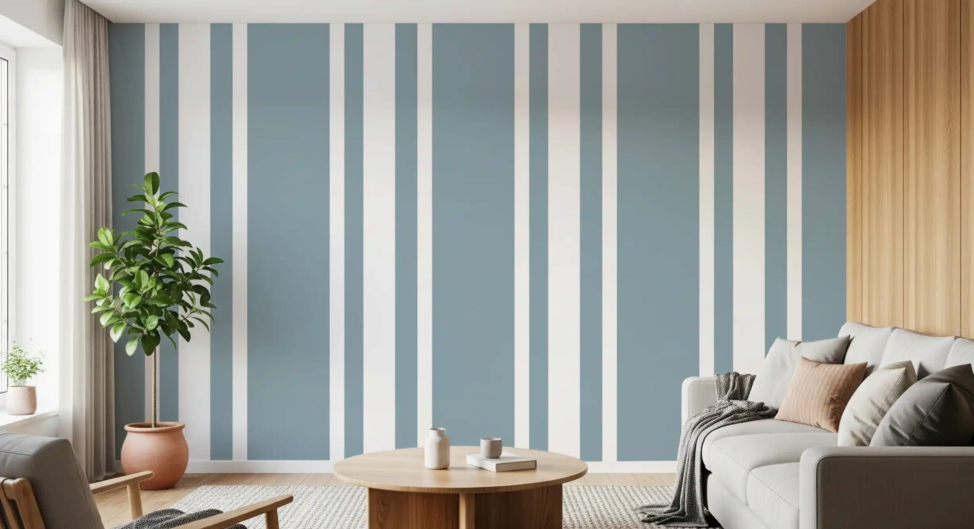 Study room using Farmhouse Stripe Wallpaper in blue grey and white