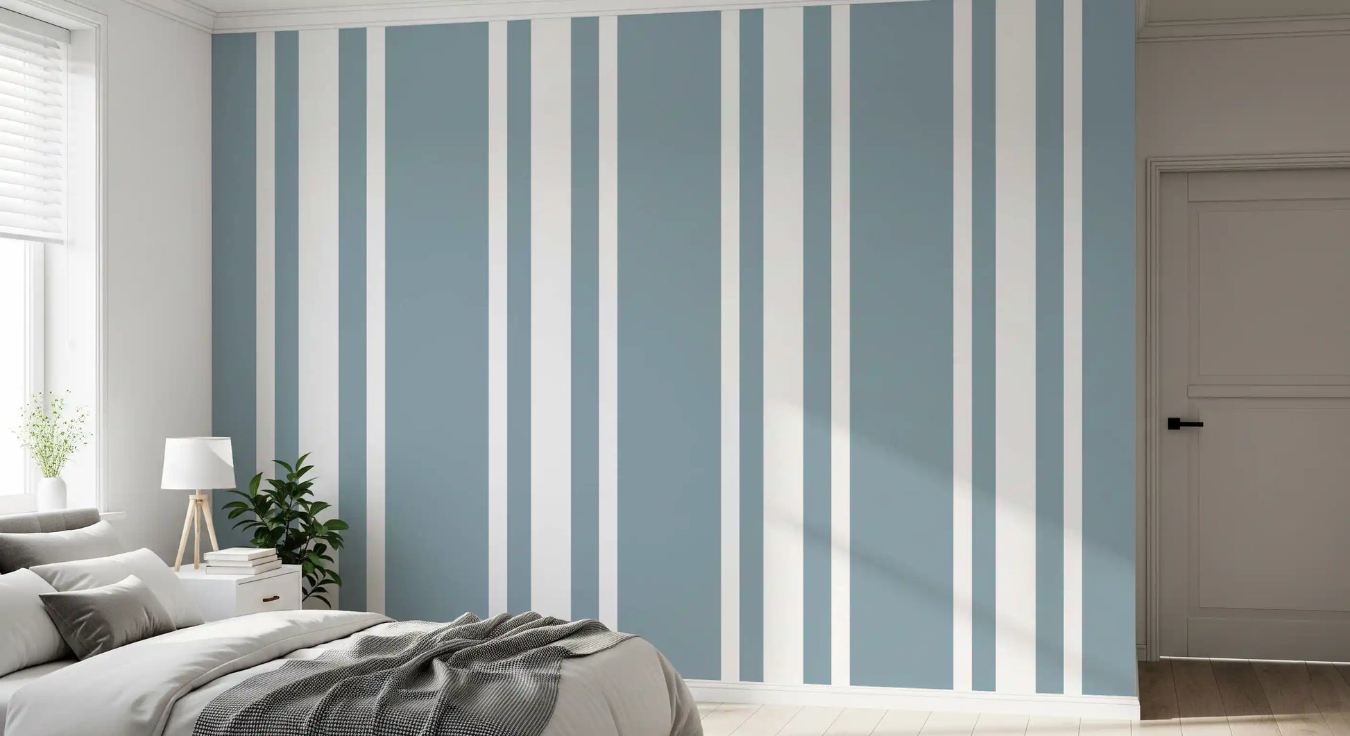 Blue Grey Wall Wallpaper with crisp white gaps and stripe rhythm