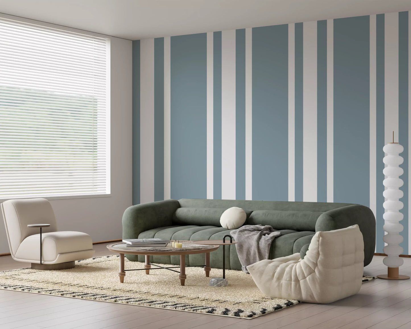 Blue Grey Wallpaper with simple farmhouse stripes and white spacing