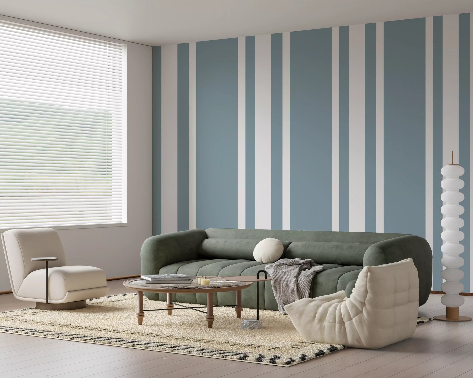 Blue Grey Wallpaper with simple farmhouse stripes and white spacing