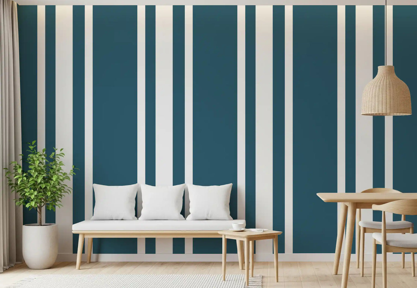 Dining area featuring Coastal Blue Wallpaper and clean vertical stripe detail