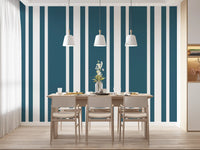 Dining space with Blue Coastal Wallpaper and simple stripe movement
