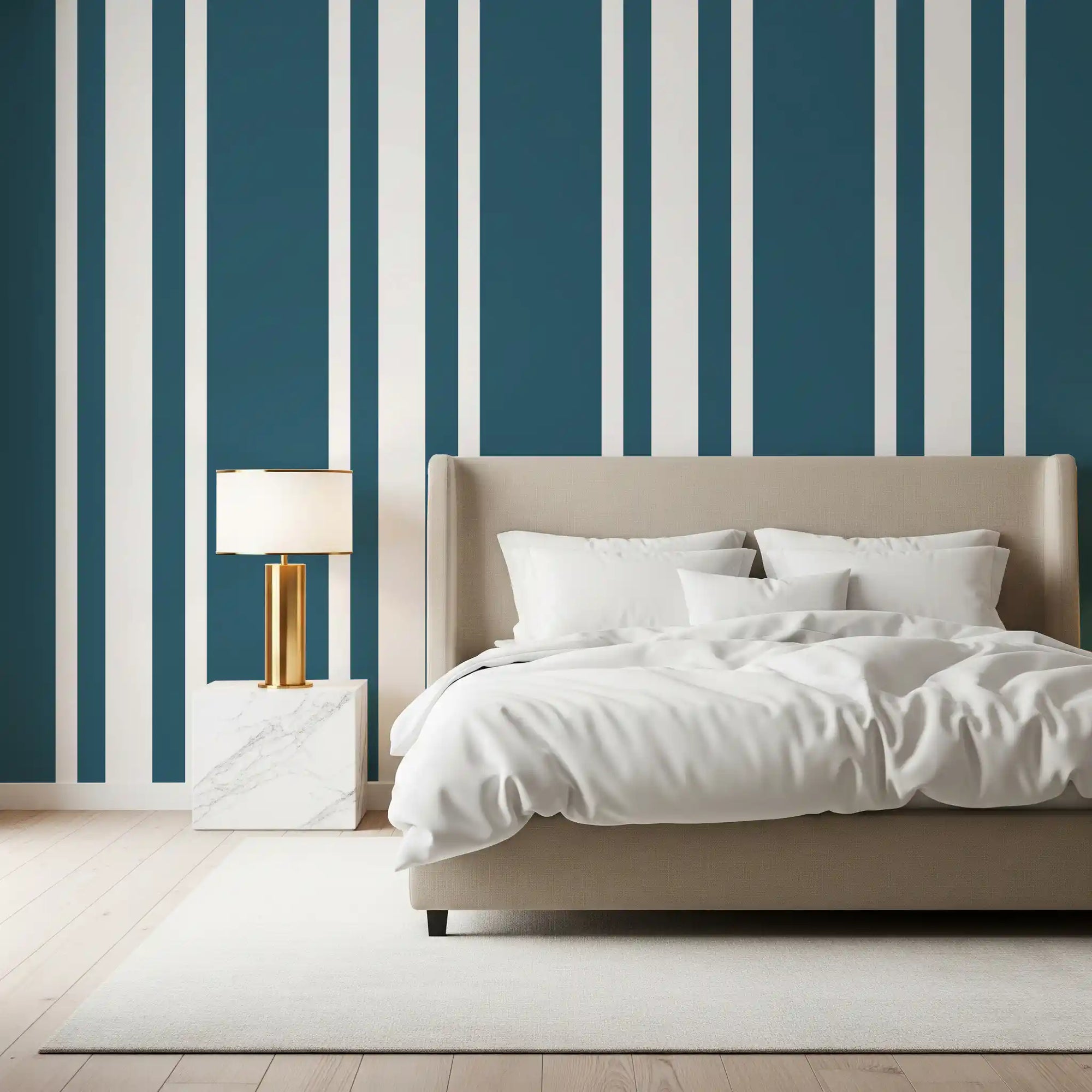 Bedroom styled in Blue Ticking Stripe Wallpaper with bold coastal lines
